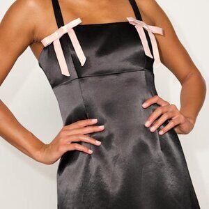 Lulus Yesemia Black Satin Bow Skater Mini Dress - Size M